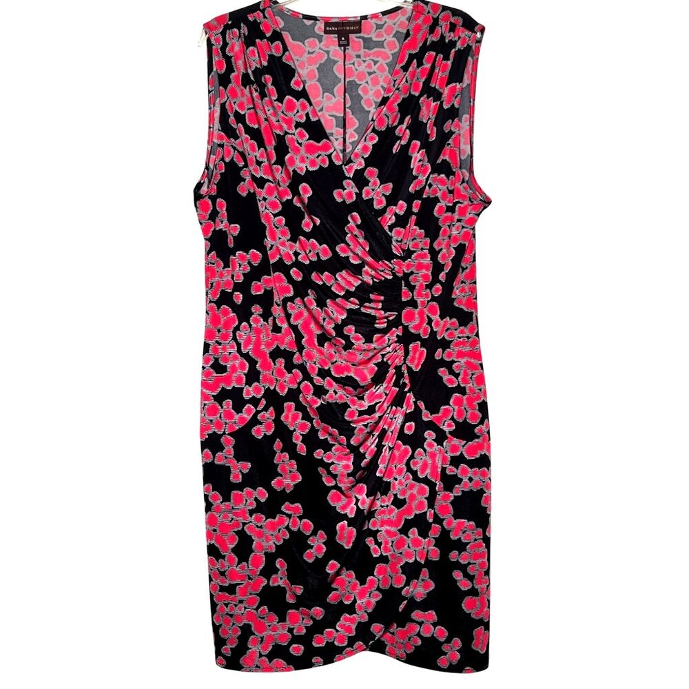 Dana Buchman XL Sleeveless Black Red Ruched Floral Dress Career Night Out